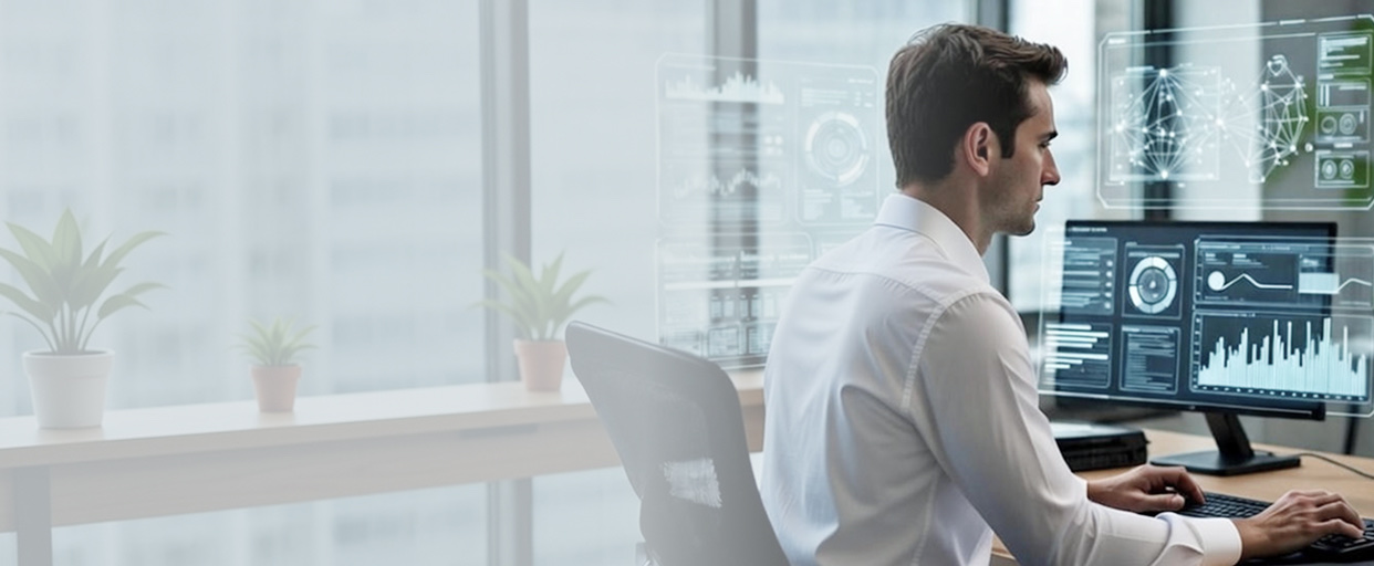 A security analyst at a workstation reviewing threat and compliance dashboards