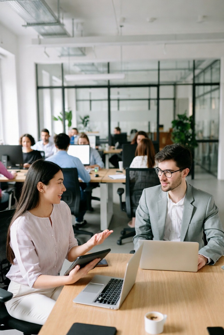 Colleagues collaborating around a table in an office