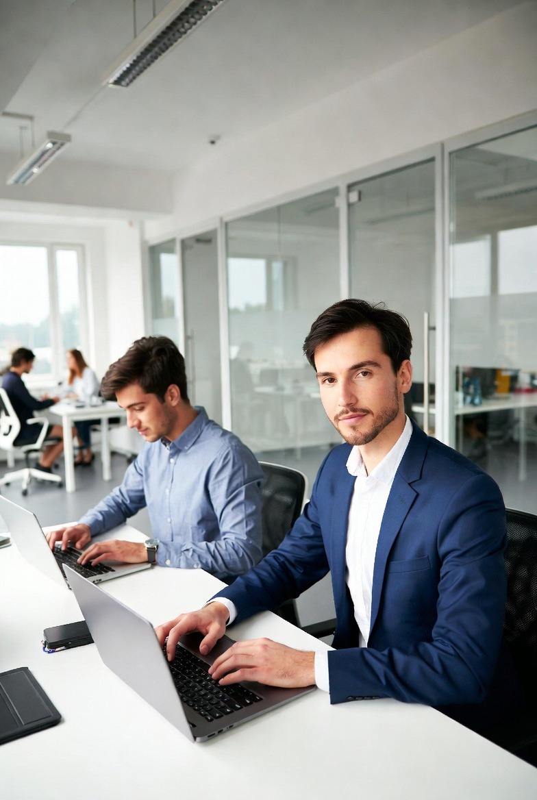 A professional working on a laptop in a modern office