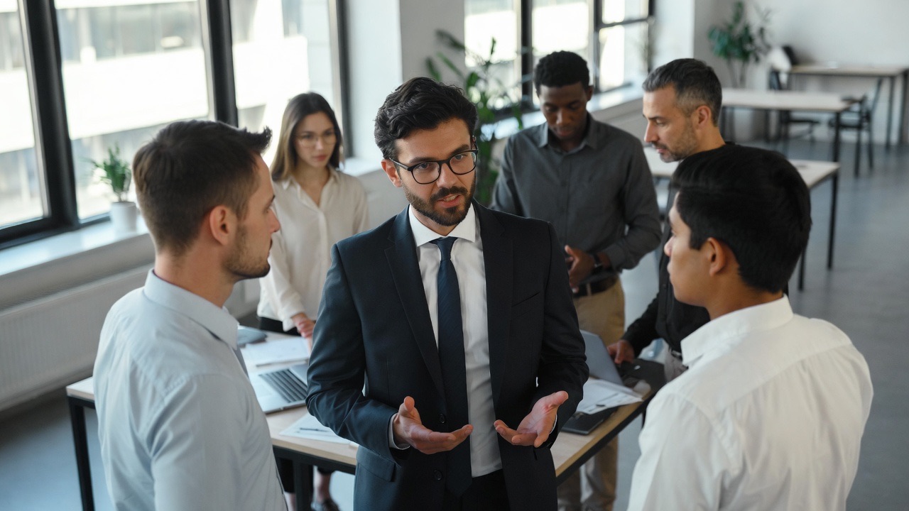 A team gathered for a standing meeting in an office