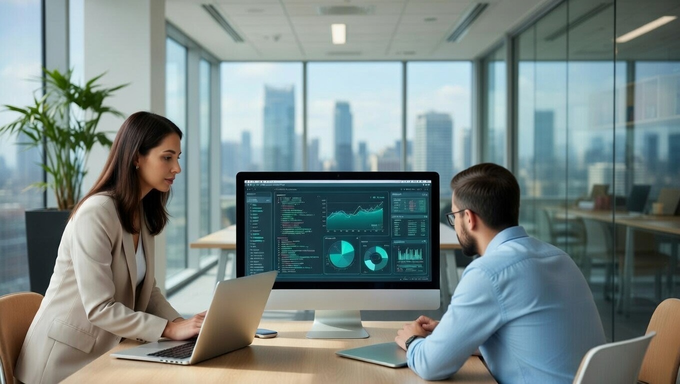 Two colleagues reviewing a security dashboard at a workstation