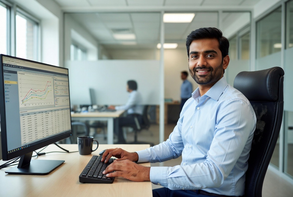 A professional working at a desk with a laptop