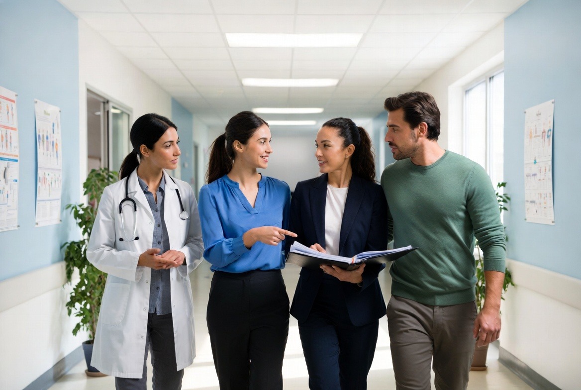 Clinical staff walking and talking together in a hospital hallway