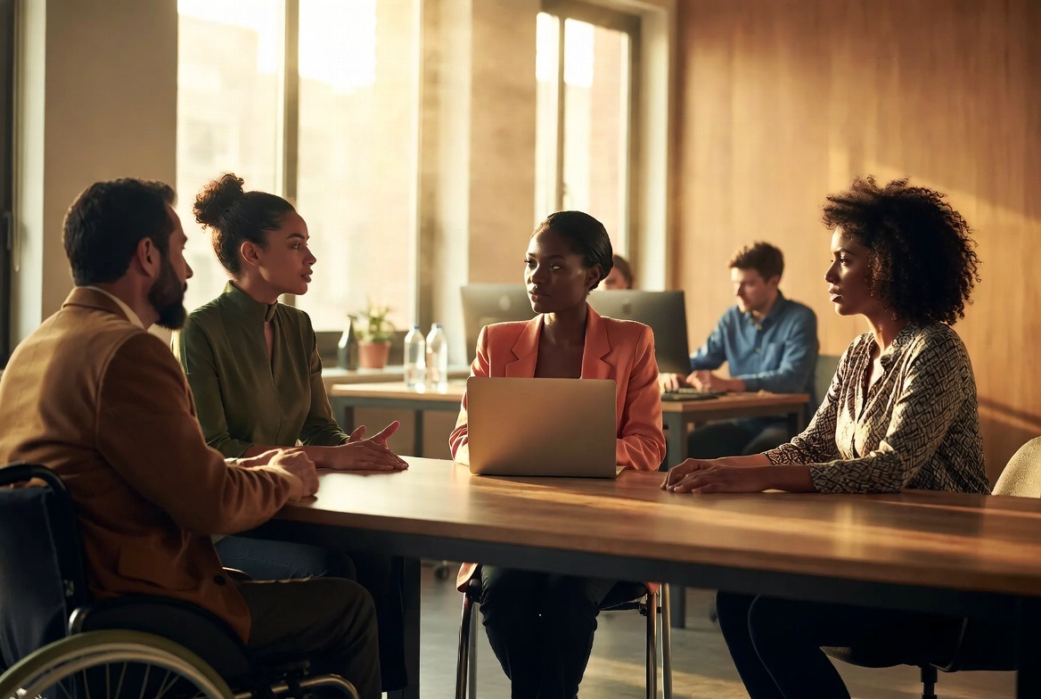 A team meeting around a conference table with laptops