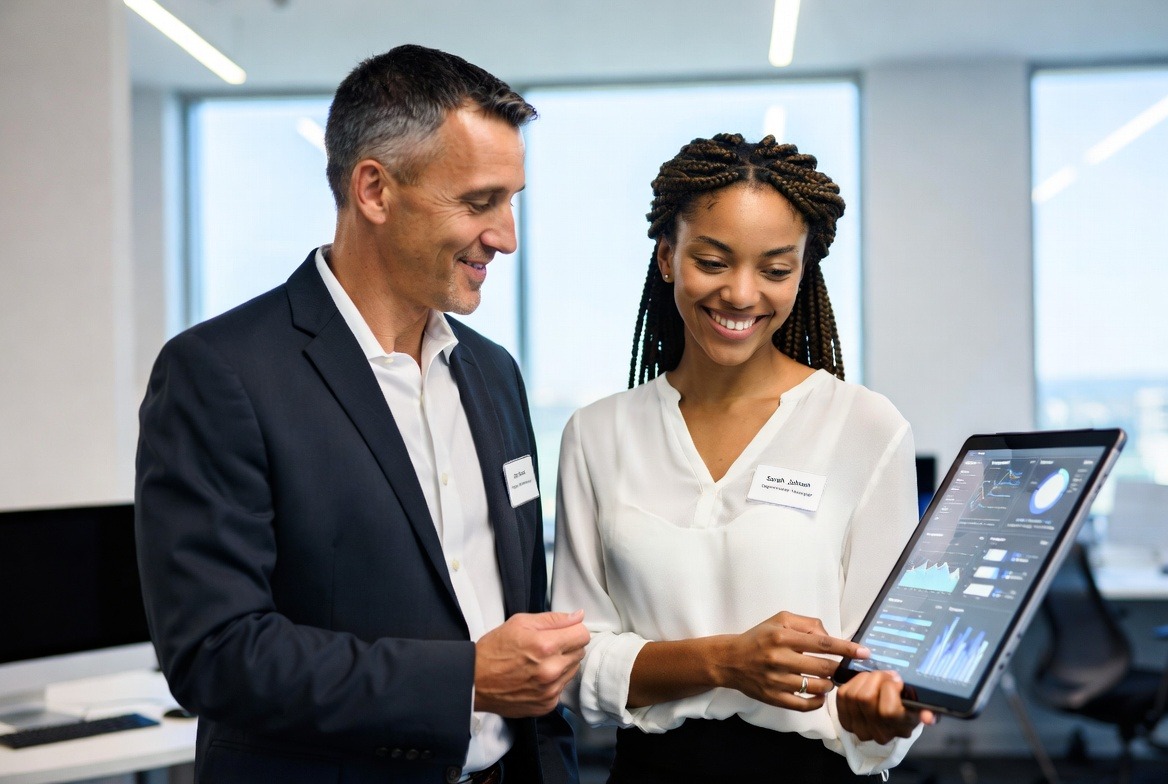 Two colleagues reviewing patient data on a tablet